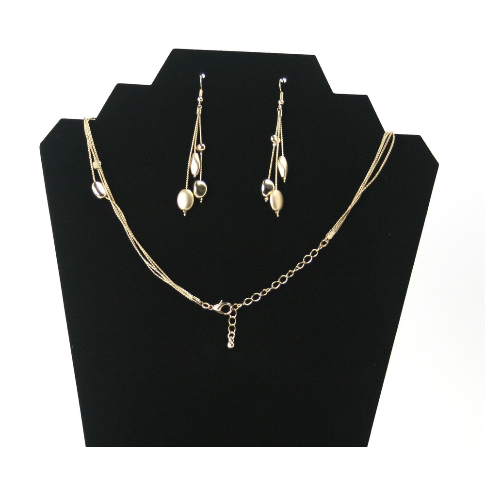 Gold Tone Multi Strand Layered Bead Necklace and Drop Earring Jewelry Set - Picture 2 of 2